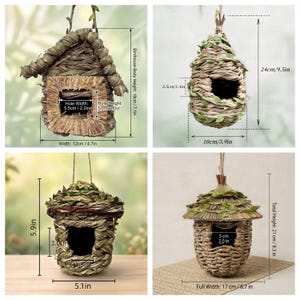 May include: Four woven grass birdhouses with hanging loops. Top left: 4.7in wide, 7.1in high, 2.2in wide hole. Top right: 3.9in wide, 9.5in high, 1.4in hole. Bottom left: 5.1in wide, 5.9in high, 1.8in hole. Bottom right: 6.7in wide, 8.3in high, 2.0in hole.