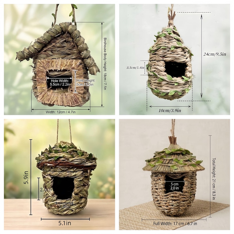 May include: Four woven grass birdhouses with hanging loops. Top left: 4.7in wide, 7.1in high, 2.2in wide hole. Top right: 3.9in wide, 9.5in high, 1.4in hole. Bottom left: 5.1in wide, 5.9in high, 1.8in hole. Bottom right: 6.7in wide, 8.3in high, 2.0in hole.