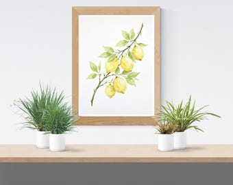 Arte de parede imprimível com limão | Impressão botânica de cítricos | Decoração de parede para cozinha | Pôster minimalista de fruta amarela | Download instantâneo
