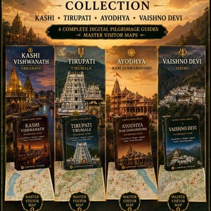 May include: A digital collection titled The Sacred Pilgrimage Collection featuring four pilgrimage guides for Kashi, Tirupati, Ayodhya, and Vaishno Devi. Each guide includes a master visitor map, historical information, and travel guidance for these sites.