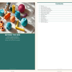 May include: A book cover titled "BEYOND THE NHS" with a teal background and various colorful toys. The book is a support guide for raising a child on the spectrum. The contents page is also visible.
