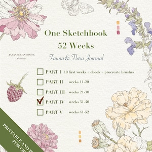 May include: A digital journal page titled One Sketchbook 52 Weeks Fauna & Flora Journal with botanical illustrations of flowers, a raspberry, and a butterfly. It features a checklist for five parts, with a checkmark next to Part IV.