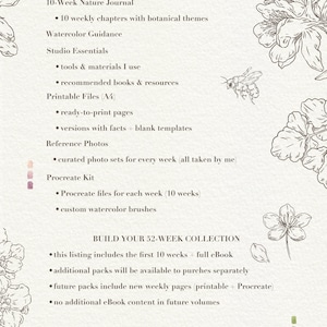 May include: A digital information sheet titled WHAT'S INSIDE? detailing a 10-week nature journal, watercolor guidance, studio essentials, A4 printable files, reference photos, and a Procreate kit. Includes text about building a 52-week collection.