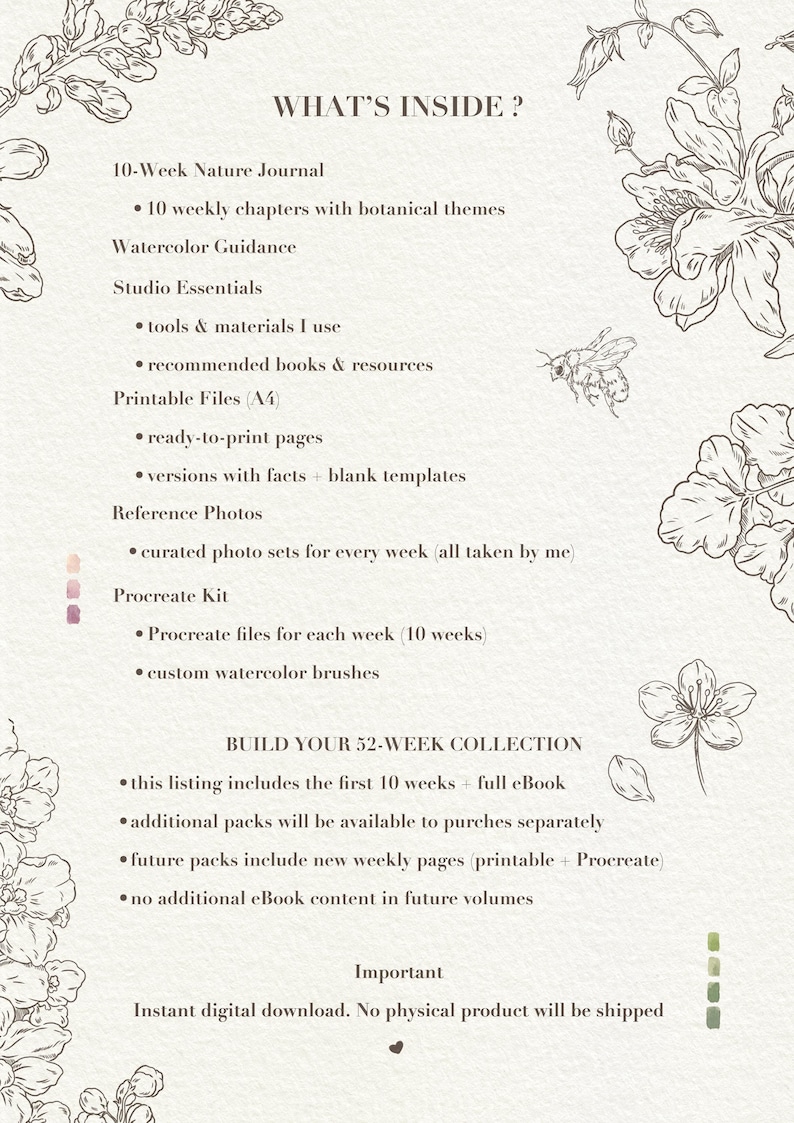 May include: A digital information sheet titled WHAT'S INSIDE? detailing a 10-week nature journal, watercolor guidance, studio essentials, A4 printable files, reference photos, and a Procreate kit. Includes text about building a 52-week collection.
