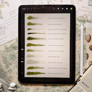 May include: A digital tablet displaying a Procreate brush set interface with ten green watercolor stroke samples. Each stroke is labeled with text including Watercolor SoftWash LightTaper, Fill HardEdge, Detail Grain SharpTaper, and Bristle Dense Round.