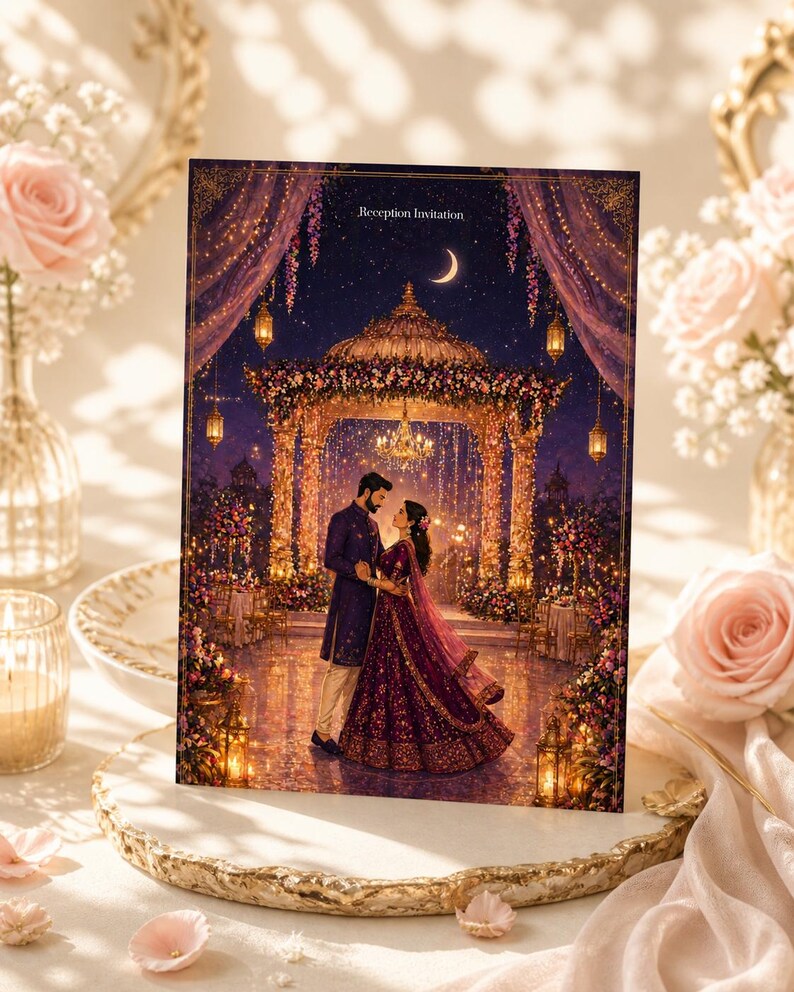 Indian Wedding Invitation - Royal Night Purple Sky Floral Invitation ...