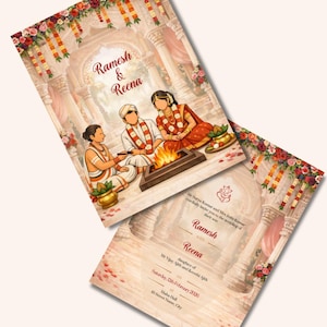 Puede incluir: Invitación de boda con una ilustración de una ceremonia tradicional, con los nombres "Ramesh & Reena". El diseño incluye guirnaldas florales, elementos arquitectónicos y detalles del evento.