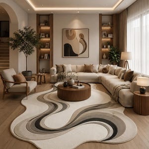 May include: A large, irregularly shaped area rug featuring flowing, wave-like patterns in shades of cream, beige, taupe, and dark charcoal. The rug is positioned in a living room with a beige sectional sofa, a round wooden coffee table, and wood flooring.