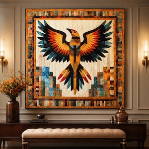 May include: A large, colorful quilt featuring a stylized eagle with outstretched wings. The eagle is depicted in shades of orange, yellow, blue, and black against a cream background. The quilt is framed with a patterned border and hangs on a neutral wall.