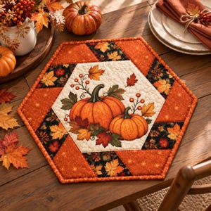 May include: A hexagonal quilted table mat featuring a central cream-colored panel with a printed design of two orange pumpkins, autumn leaves, and berries, surrounded by a border of orange and black fabric with leaf patterns.