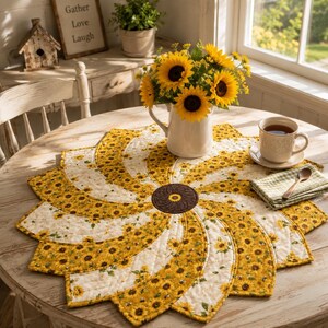 May include: A round quilted table mat featuring a spiral pattern of alternating sunflower-print fabric in yellow and cream. The center is a solid dark brown circle with a small sunflower motif. The mat is placed on a wooden table with a white pitcher.
