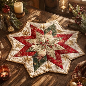 May include: A star-shaped quilted placemat with a festive design. The placemat features red, green, and cream-colored fabric with gold star accents. The edges are trimmed with a gold border. Perfect for holiday table settings.