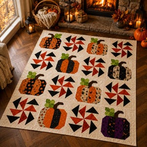 May include: A rectangular quilt featuring a repeating grid pattern of alternating pumpkin blocks and orange, red, and black pinwheel blocks. The pumpkins are rendered in various fabrics with orange, black, and purple tones, each topped with green leaves.