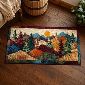 May include: A rectangular quilted wall hanging or table runner featuring a mountain landscape with trees and a sun. The design incorporates various colors, including blues, greens, oranges, and purples, creating a vibrant and textured appearance. The piece is bordered with a dark red fabric.