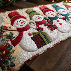 May include: A quilted Christmas table runner featuring smiling snowmen with red scarves and hats, holding gifts and candy canes. The snowmen are set against a cream background with holly and poinsettia accents. The runner is approximately 60 inches long.