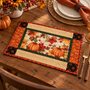 May include: A rectangular quilted placemat featuring a central panel with orange pumpkins and autumn leaves on a cream background, framed by dark green, tan, and black floral borders, with an outer border of orange and red fall foliage patterns.