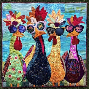 May include: A square fabric quilt featuring four chickens standing side by side, each wearing colorful sunglasses and elaborate, multi-patterned fabric crests. The chickens are rendered in various bright colors against a blue background.