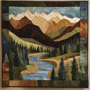 May include: A quilted wall hanging depicting a mountain landscape with a river winding through a forest. The quilt features shades of brown, green, blue, and beige, with detailed stitching creating texture and depth. The design includes snow-capped mountains and evergreen trees.