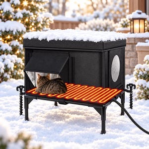 May include: A black, rectangular, elevated outdoor cat shelter with a roof covered in snow. The structure features a side entrance with a flap, a circular vent, and a glowing orange heating element on the floor where a tabby cat rests.