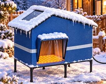 Può includere: Un rifugio per animali blu, rialzato e a forma di casetta, con un tetto spiovente coperto di neve e ghiaccioli. La struttura presenta un ingresso con una patta in plastica trasparente e un elemento riscaldante arancione visibile.