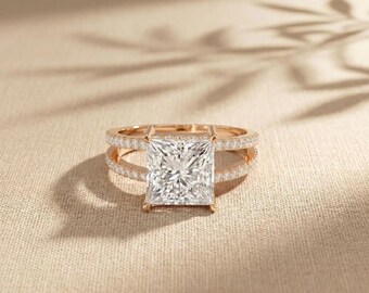 3.45 CTW Princess Cut Pavé Lab Grown Diamond Engagement Ring for Women,18K Solid Gold Diamond Bridal Ring, Luxury Jewelry
