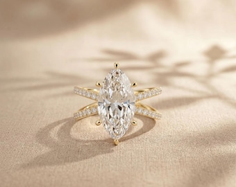 4.00 CTW Marquise Cut Split Shank Lab Grown Diamond Engagement Ring for Women,18K Solid Gold Diamond Bridal Ring, Luxury Jewelry