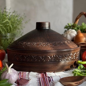 Tontopf mit Deckel, 3 l | Umweltfreundliches Keramik-Kochgeschirr | Rustikale Terrakotta-Auflaufform | Natürlicher Tontopf, handgefertigt in der Ukraine