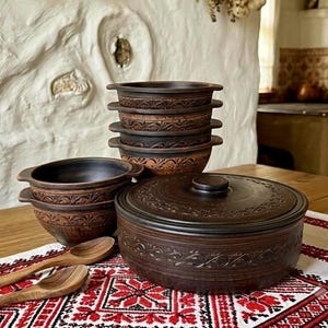 Juego de servir artesanal con 6 cuencos para sopa, vajilla rústica de cerámica, juego de sopera de arcilla ucraniana hecha a mano, regalo para cocina de estilo rústico