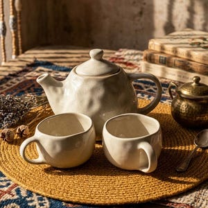 May include: A cream-coloured ceramic teapot with a matching lid and two rounded mugs, accompanied by a small brass-toned lidded sugar bowl and a metal spoon. The set is arranged on a round yellow woven placemat with dried lavender sprigs.