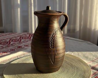 Handmade Ukrainian Clay Pitcher – 2.5L Wheat Design Jug