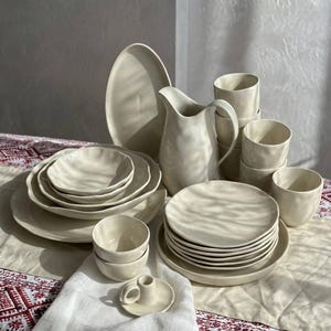 23 Piece Ceramic Dinnerware Set for 6, Handmade Pottery Tableware, White Ceramic Plates and Bowls, Modern Farmhouse Kitchen Set, Gift