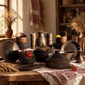 May include: A collection of dark brown ceramic dinnerware including plates, bowls, cups, a lidded tureen, and a pitcher. The pieces feature intricate embossed patterns along the rims and sides, arranged on a table with a white embroidered cloth.