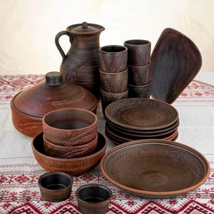 Juego de vajilla de cerámica hecha a mano, juego de vajilla de cerámica para 6 personas, decoración rústica de cocina de granja, juego de platos de cerámica ucraniana