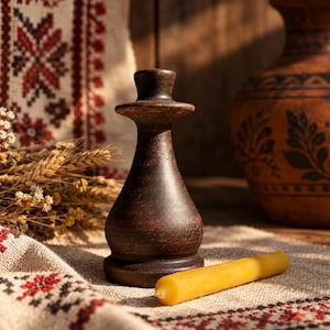 Könnte beinhalten: Ein dunkelbrauner Kerzenhalter aus Holz mit glatter, abgerundeter Silhouette und breitem Fuß, platziert neben einer einzelnen, schlanken, gelben Bienenwachskerze. Der Kerzenhalter hat einen ausgestellten oberen Rand und einen verjüngten Hals.