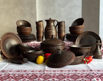Groot servies van aardewerk | Rustieke keramische serveerset | Traditionele Oekraïense serviescollectie Nieuw huis cadeau