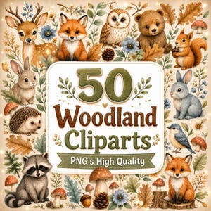 Woodland Nursery Art | Woodland Nursery Decor Clipart Bundle | 50 Watercolor Woodland Animals PNG | Cute Forest Animals Digital Download