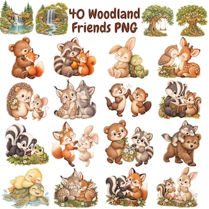 May include: A digital collection of 40 Woodland Friends PNG illustrations featuring various pairs of cute forest animals like bears, foxes, rabbits, and raccoons in soft watercolor styles, with the text 40 Woodland Friends PNG at the top.