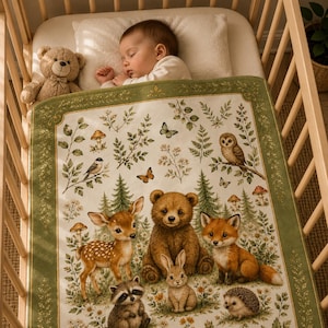 May include: A rectangular baby blanket featuring a forest theme with illustrations of a deer, bear, fox, rabbit, raccoon, and hedgehog. The cream-colored fabric has a green border and includes motifs of trees, mushrooms, butterflies, and birds.