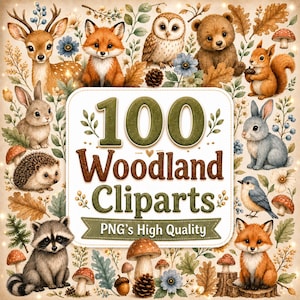 Woodland Nursery Art | Woodland Nursery Decor Clipart Bundle | 100 Watercolor Woodland Animals PNG | Cute Forest Animals Digital Download