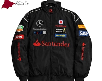 Giacca da corsa Mercedes Santander F1, stile vintage streetwear, bomber con zip e ricami, unisex.