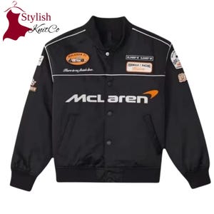 Giacca bomber McLaren Vintage Racing con bottoni a pressione, nera, stile motorsport streetwear, unisex