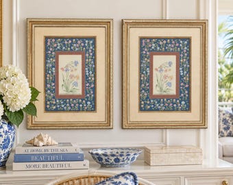 Vintage Indian Mughal Style Botanical Paintings, Pair of Hand Painted Framed Floral Art