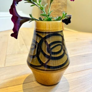 Vintage 1970s Brixham Pottery Vase - Mid Century Modern Mustard Yellow and Olive Brown Spiral Geometric Ceramic Vase - Retro Devon Studio