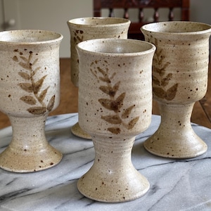 Set of 4 Dennis Bullock Studio Pottery Goblets – Speckled Stoneware Chalices with Hand-painted Leaves