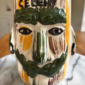 Vintage Celery Face Pot, 1960s Kitsch Anthropomorphic Ceramic Vase, Green Man Planter