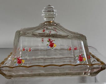 Mantequera de cristal vintage de la década de 1930, con decoración floral Art Déco pintada a mano.