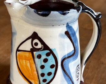 Contemporary Studio Pottery Abstract Fish Jug - Hand Painted - Earthenware Pitcher with Maker's Mark