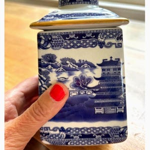 Vintage Ringtons Blue Willow Tea Caddy, Chinoiserie Pagoda Ceramic Storage Jar