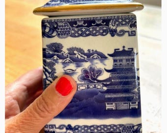 Vintage Ringtons Blue Willow Tea Caddy, Chinoiserie Pagoda Ceramic Storage Jar