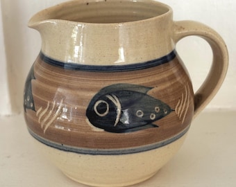 Holkham Pottery Milk Jug, Mid Century Hand Painted Blue Fish Creamer